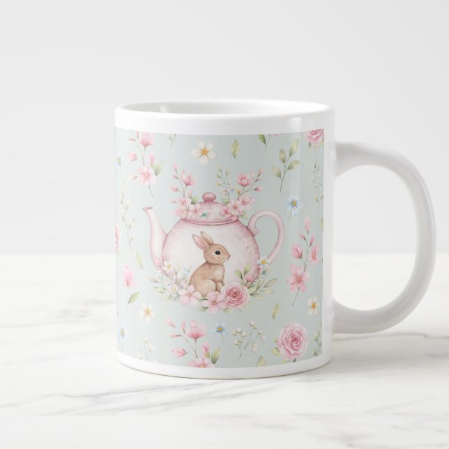 Whimsical Bunny Teapot Floral Spring  Large Coffee Mug (Right)