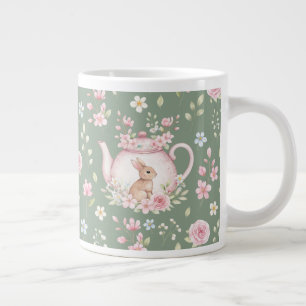 Whimsical Bunny Teapot Floral Spring Large Coffee Mug