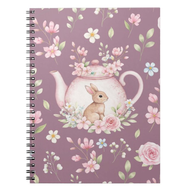 Whimsical Bunny Teapot Floral Spring Notebook (Front)