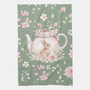 Whimsical Bunny Teapot Floral Spring  Tea Towel