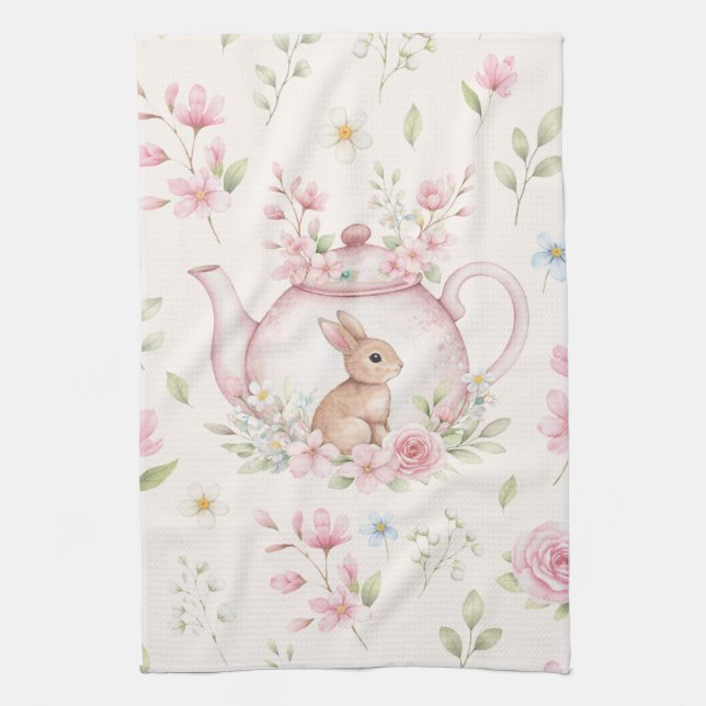 Whimsical Bunny Teapot Floral Spring  Tea Towel (Vertical)