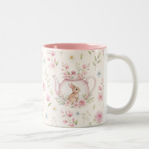 Whimsical Bunny Teapot Floral Spring  Two-Tone Coffee Mug