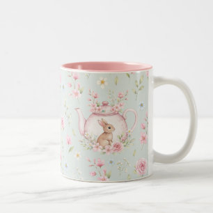 Whimsical Bunny Teapot Floral Spring  Two-Tone Coffee Mug