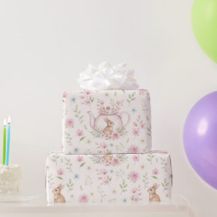 Whimsical Bunny Teapot Floral  Wrapping Paper