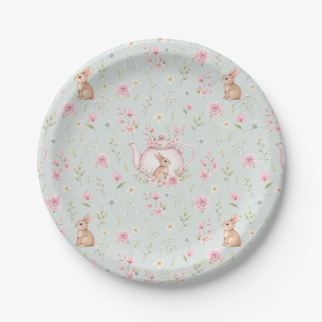 Whimsical Bunny Teapot Spring Floral Pattern Paper Plate (Front)