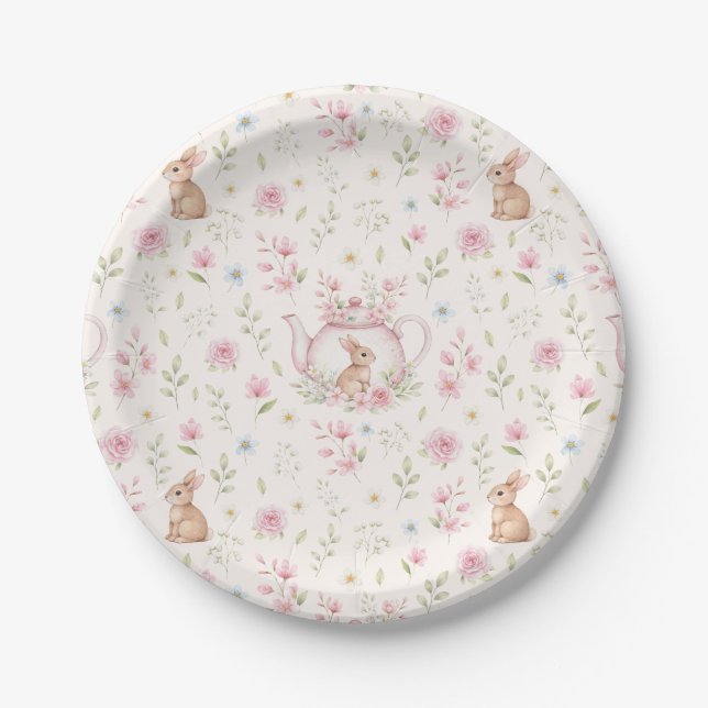Whimsical Bunny Teapot Spring Floral Pattern Paper Plate (Front)