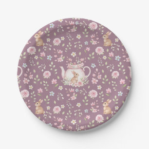 Whimsical Bunny Teapot Spring Floral Pattern Paper Plate