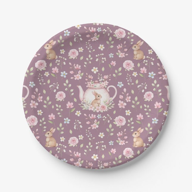 Whimsical Bunny Teapot Spring Floral Pattern Paper Plate (Front)