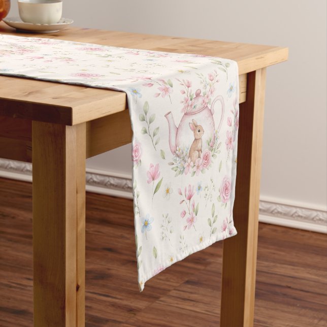 Whimsical Bunny Teapot Spring Floral Pattern Short Table Runner (In Situ)
