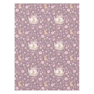 Whimsical Bunny Teapot Spring Floral Pattern Tablecloth