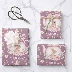 Whimsical Bunny Teapot Spring Floral Pattern Wrapping Paper Sheet