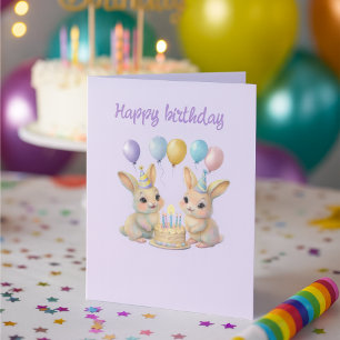 Whimsical Bunny Twins Birthday Greeting Card
