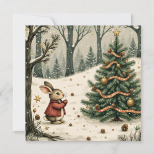 Whimsical Bunny with Christmas Tree in Forest Flat Holiday Card