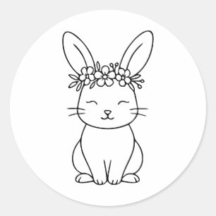 Whimsical Bunny with Floral Crown Line Art  Classic Round Sticker