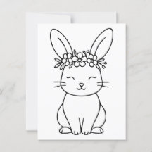 Whimsical Bunny with Floral Crown Line Art 