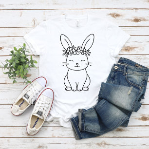 Whimsical Bunny with Floral Crown Line Art T-Shirt