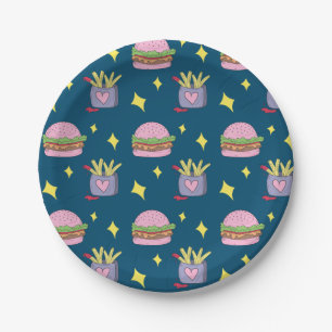 Whimsical Burger and Fries Fast Food Pattern  Paper Plate
