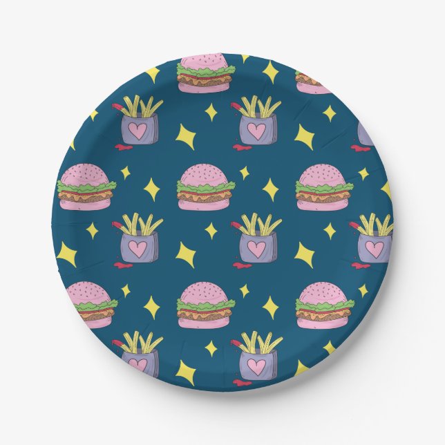 Whimsical Burger and Fries Fast Food Pattern  Paper Plate (Front)