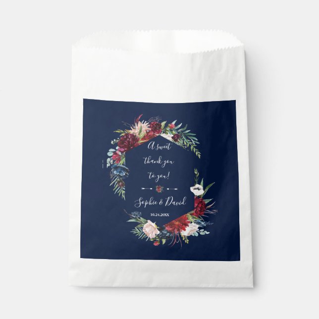 Whimsical Burgundy Blush Flowers Navy Blue Wedding Favour Bags (Front)