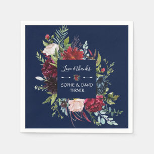 Whimsical Burgundy Blush Flowers Navy Blue Wedding Napkin