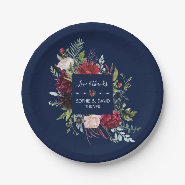 Whimsical Burgundy Blush Flowers Navy Blue Wedding Paper Plate (Front)