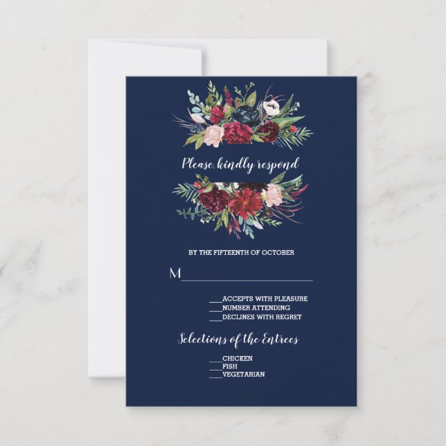 Whimsical Burgundy Blush Flowers Navy Blue Wedding RSVP Card (Front)