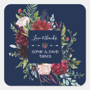 Whimsical Burgundy Blush Flowers Navy Blue Wedding Square Sticker