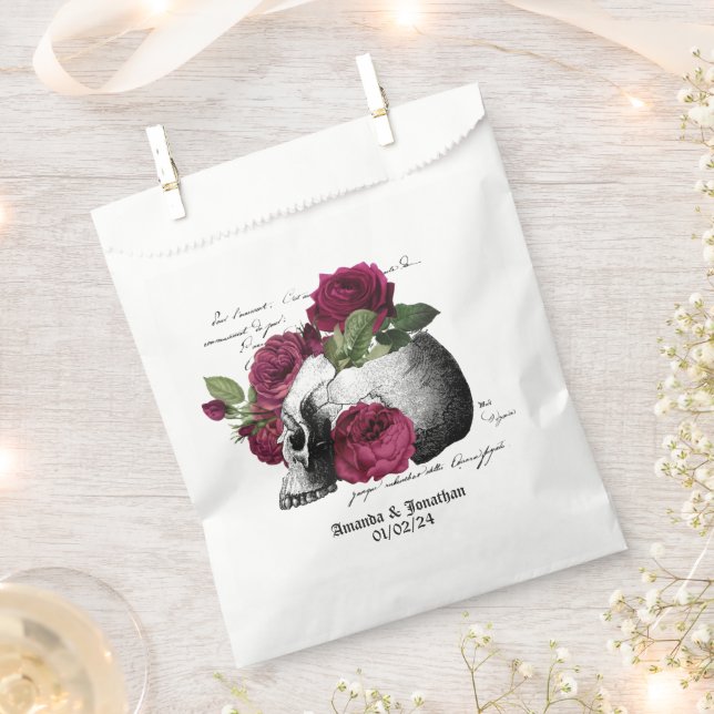Whimsical Burgundy Floral Skull Gothic Wedding Favour Bags (Clipped)