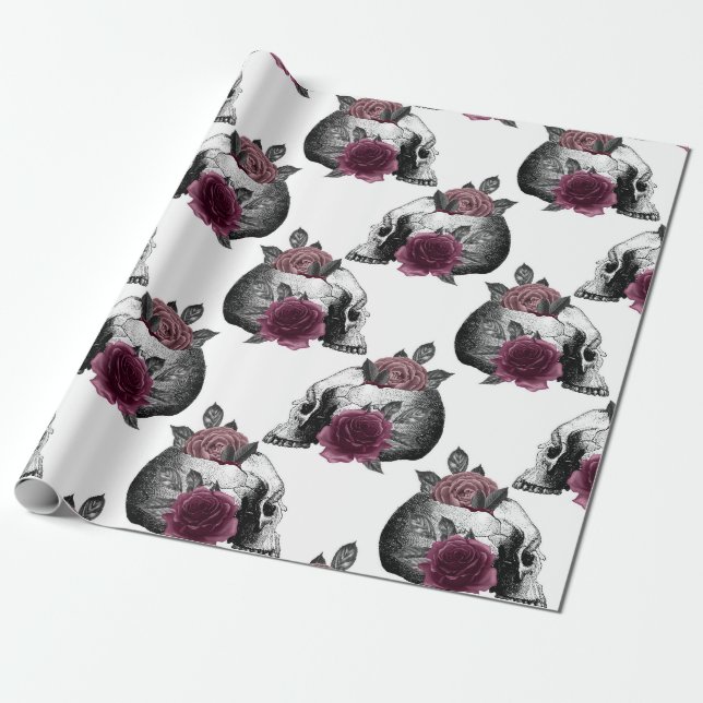 Whimsical Burgundy Floral Skulls Gothic Wedding Wrapping Paper (Unrolled)