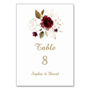 Whimsical Burgundy Gold Floral Table Number