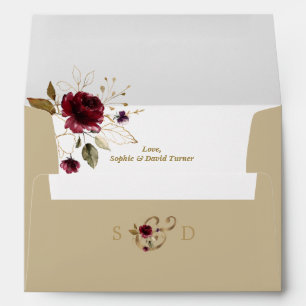 Whimsical Burgundy Gold Flowers Monogram Wedding Envelope