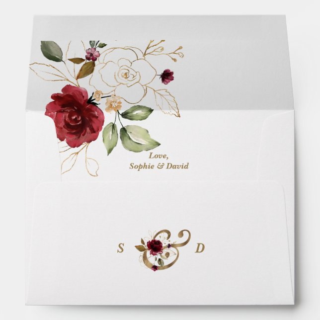 Whimsical Burgundy Gold Flowers Monogram Wedding Envelope (Back (Bottom))