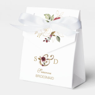 Whimsical Burgundy Gold Flowers Monogram Wedding Favour Box