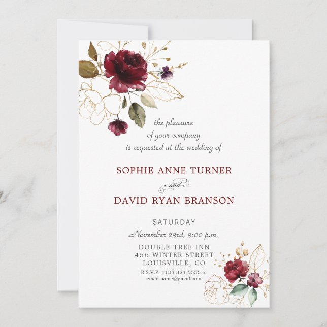 Whimsical Burgundy Gold Flowers Monogram Wedding Invitation (Front)