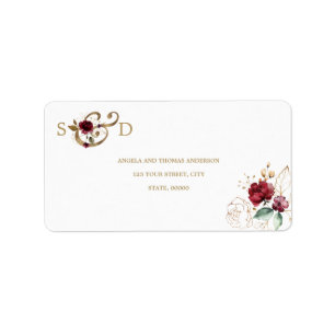 Whimsical Burgundy Gold Flowers Monogram Wedding Label