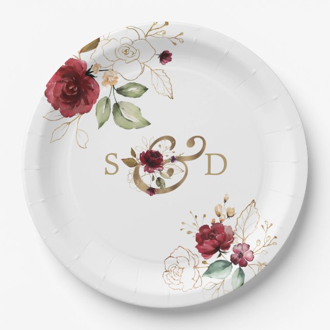 Whimsical Burgundy Gold Flowers Monogram Wedding Paper Plate (Front)