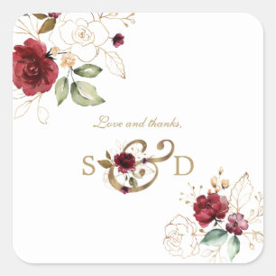 Whimsical Burgundy Gold Flowers Monogram Wedding Square Sticker