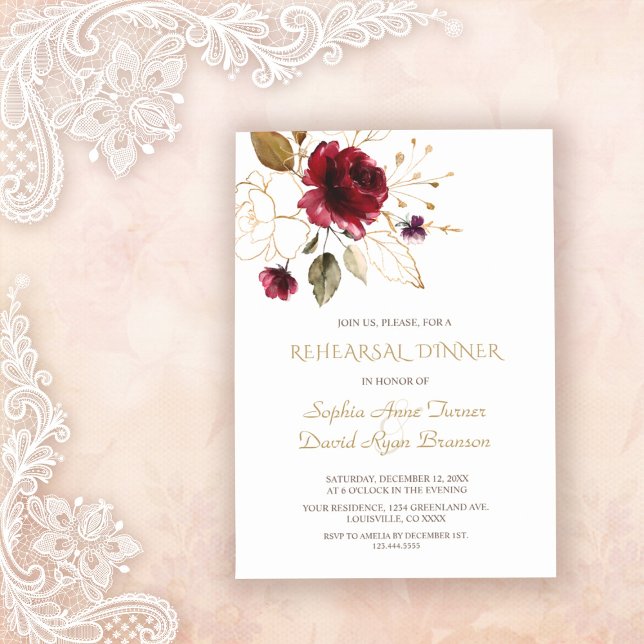 Whimsical Burgundy Gold Flowers Rehearsal Dinner Invitation (Creator Uploaded)