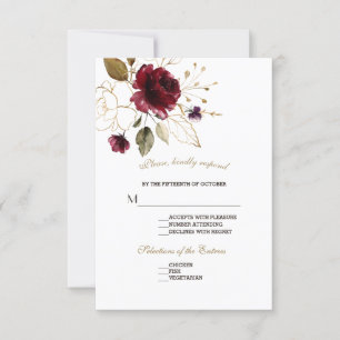Whimsical Burgundy Gold Flowers Wedding RSVP Card
