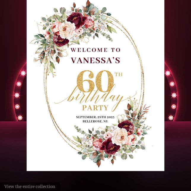 Whimsical Burgundy Gold Greenery 60th Birthday  Tapestry (Whimsical Burgundy Gold Greenery 60th Birthday Banner)