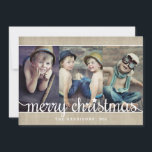 Whimsical Burlap Rustic Merry Christmas Photo Holiday Card<br><div class="desc">A collage of three photos is featured in this lovely, fun design that incorporates a burlap texture effect as part of the digital design. Whimsical typography in white on the front wishes family and friends a Merry Christmas from your family to theirs. Charming country feeling with rustic charm will delight...</div>