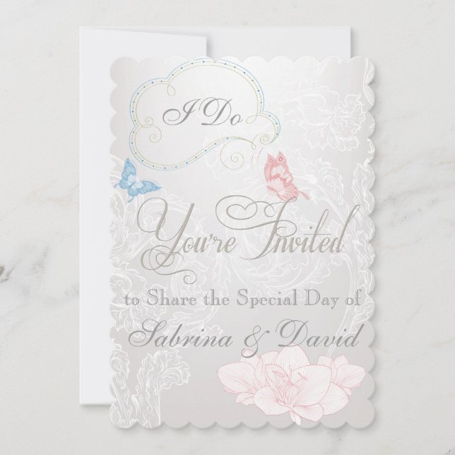 Whimsical Butterflies and Lace Wedding Invitation (Front)