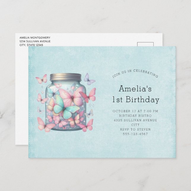 Whimsical Butterflies in a Jar Birthday Invitation Postcard (Front/Back)