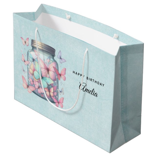 Whimsical Butterflies in a Jar Birthday Large Gift Bag (Back Angled)