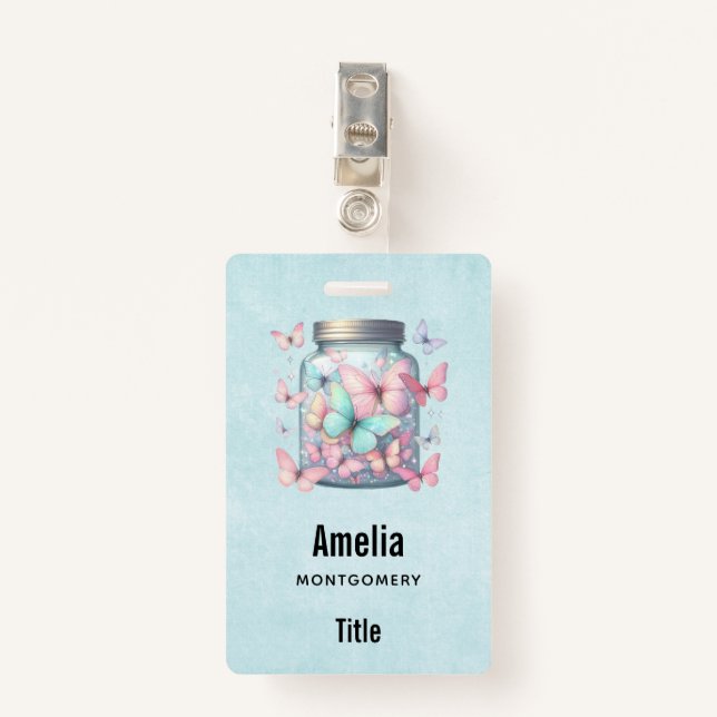 Whimsical Butterflies in a Jar ID Badge (Front with Clip)