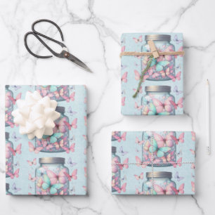 Whimsical Butterflies in a Jar Pattern Wrapping Paper Sheet
