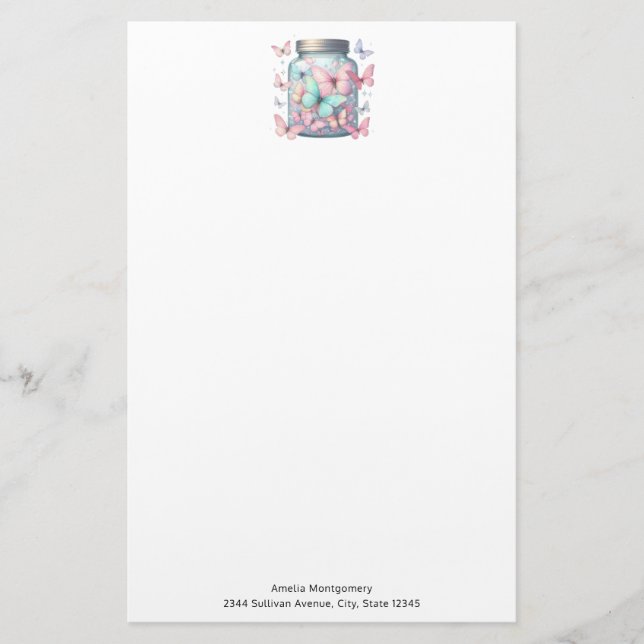 Whimsical Butterflies in a Jar Stationery (Front)