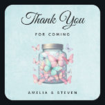 Whimsical Butterflies in a Jar Wedding Thank You Square Sticker<br><div class="desc">Thank you stickers with a magical image featuring pastel colored butterflies in a jar. 
Some butterflies are also fluttering around outside the jar.
Little faux sparkles scattered around give it a mystical quality.</div>
