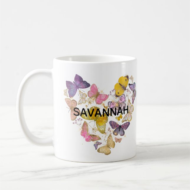 Whimsical Butterflies Love Heart Faux Glitter Name Coffee Mug (Left)