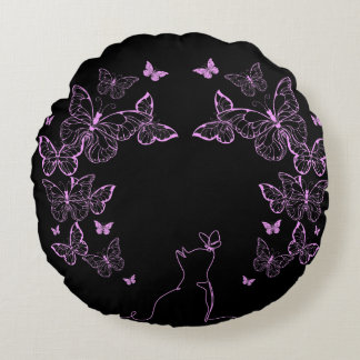 Whimsical Butterfly and Cat line art Round Cushion